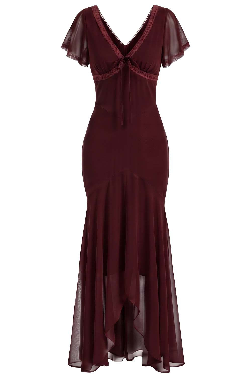 FLORENCE georgette tea dress in burgundy on model - front view