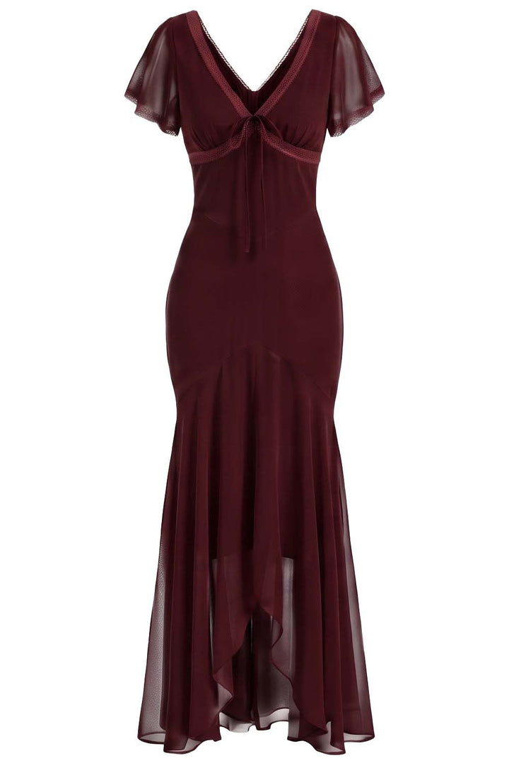 FLORENCE georgette tea dress in burgundy on model - front view