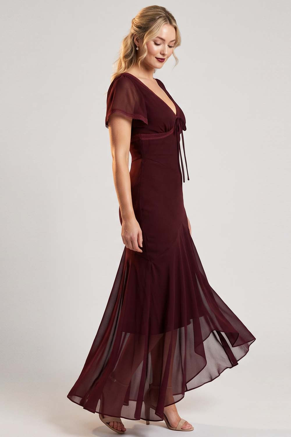 FLORENCE georgette tea dress in burgundy by Luxe Noir - side view