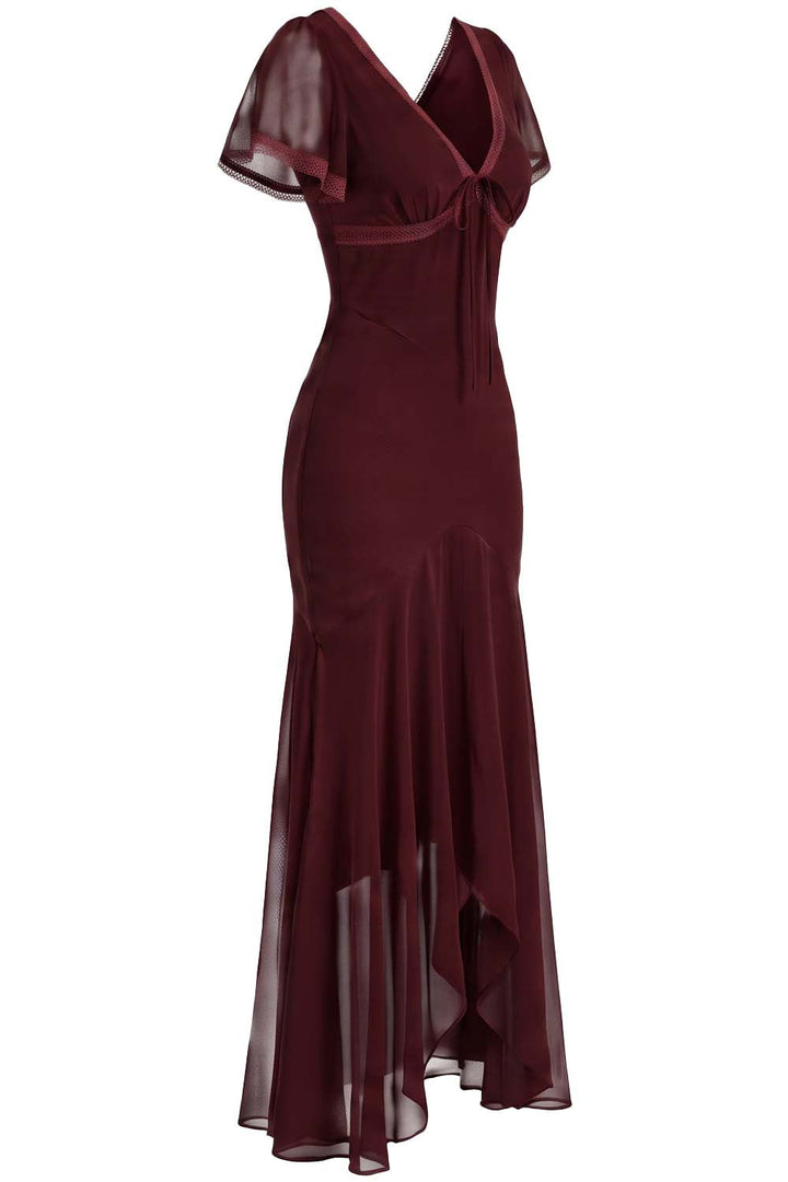 FLORENCE georgette tea dress in burgundy on model - side view