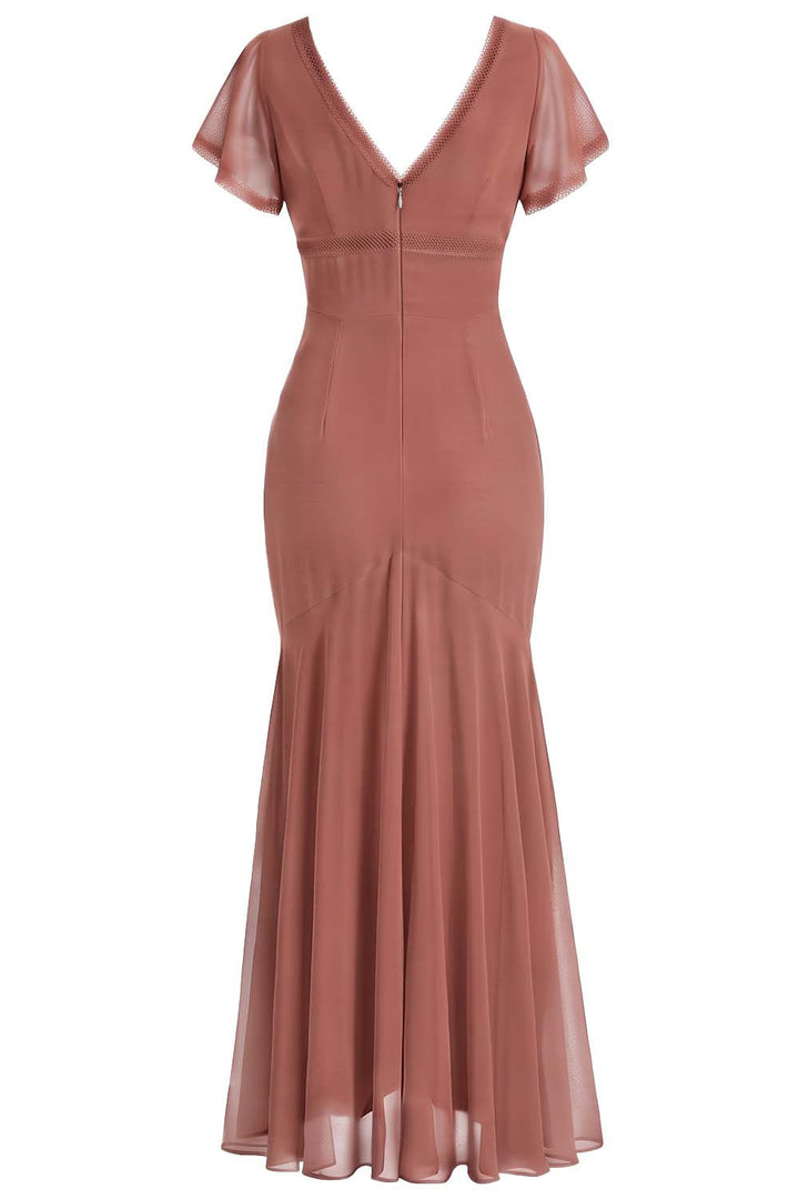 FLORENCE georgette tea dress in terracotta rose on model - back view