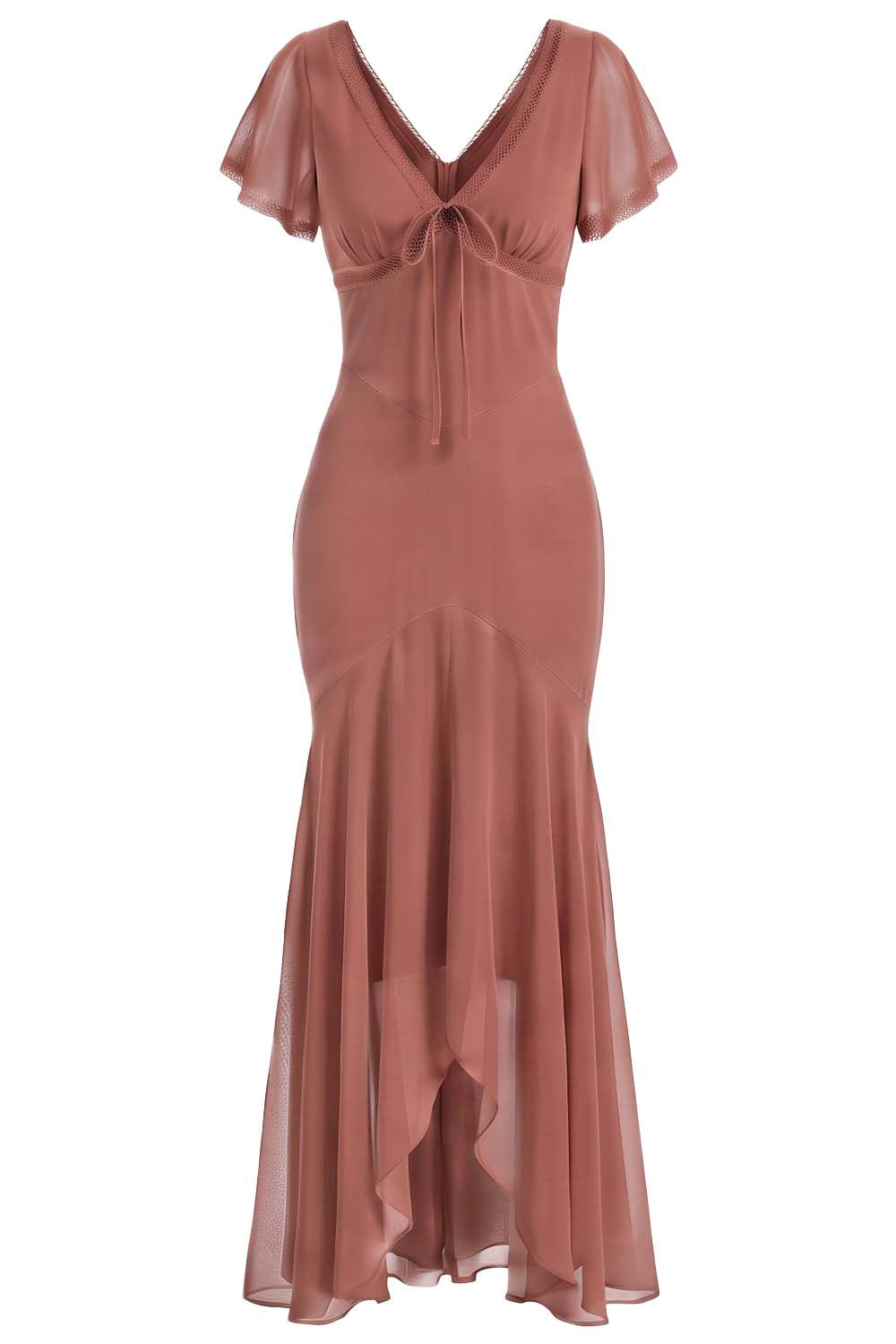FLORENCE georgette tea dress in terracotta rose on model - front view