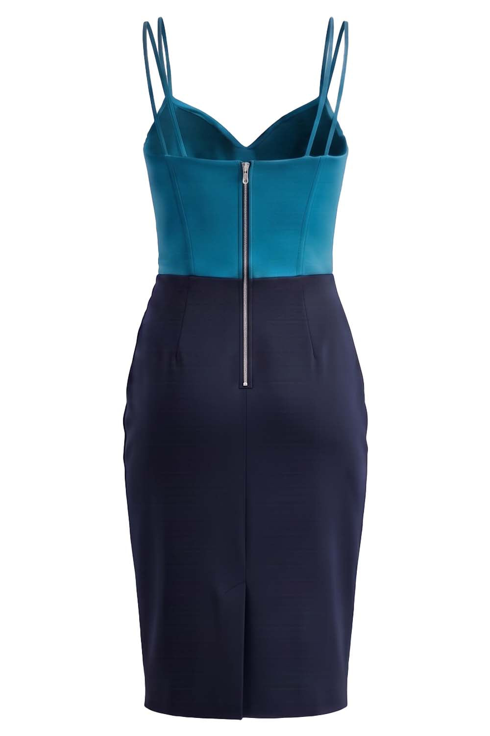 ISOLDE corset evening dress in royal teal blue and midnight navy on model - back view