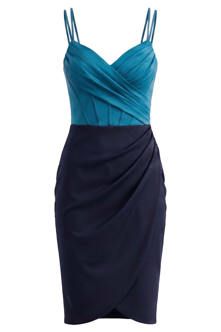 ISOLDE corset evening dress in royal teal blue and midnight navy on model - front view