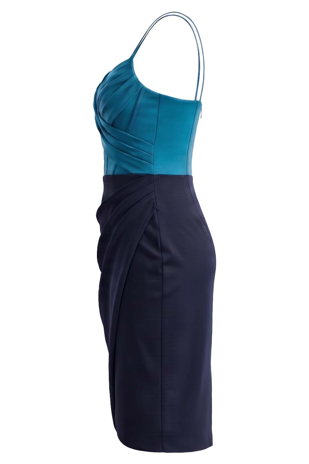 ISOLDE corset evening dress in royal teal blue and midnight navy on model - side view