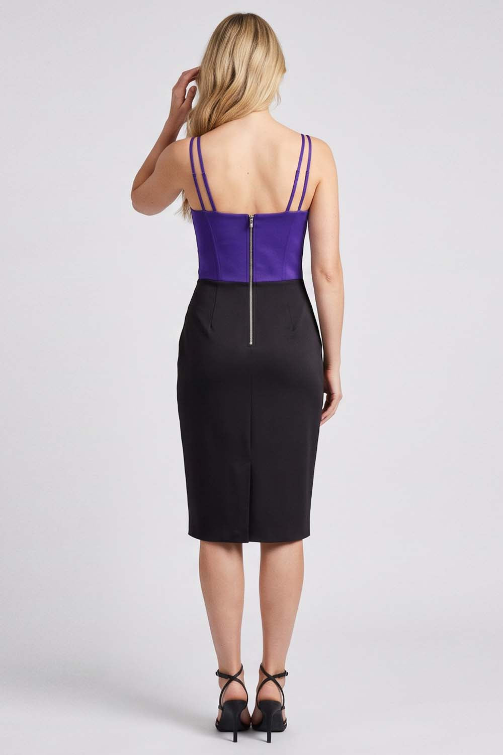 ISOLDE corset evening dress in royal purple and black by Luxe Noir - back view