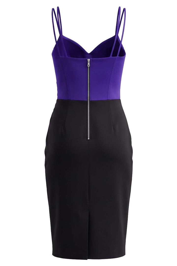 ISOLDE corset evening dress in royal purple and black on model - back view