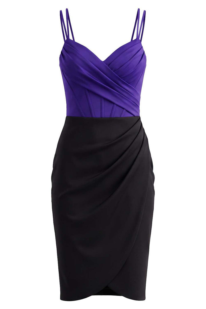 ISOLDE corset evening dress in royal purple and black on model - front view