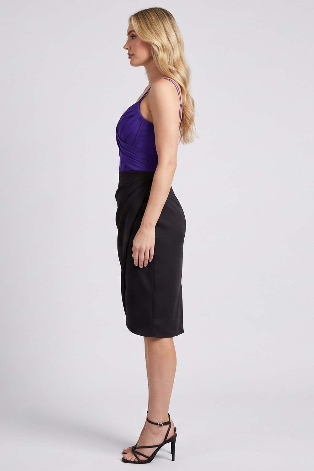 ISOLDE corset evening dress in royal purple and black by Luxe Noir - side view