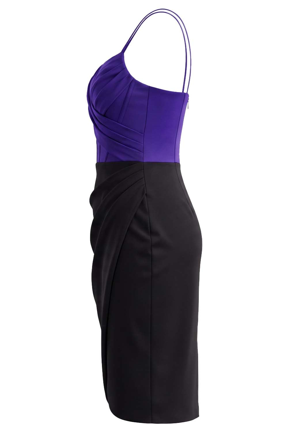 ISOLDE corset evening dress in royal purple and black on model - side view