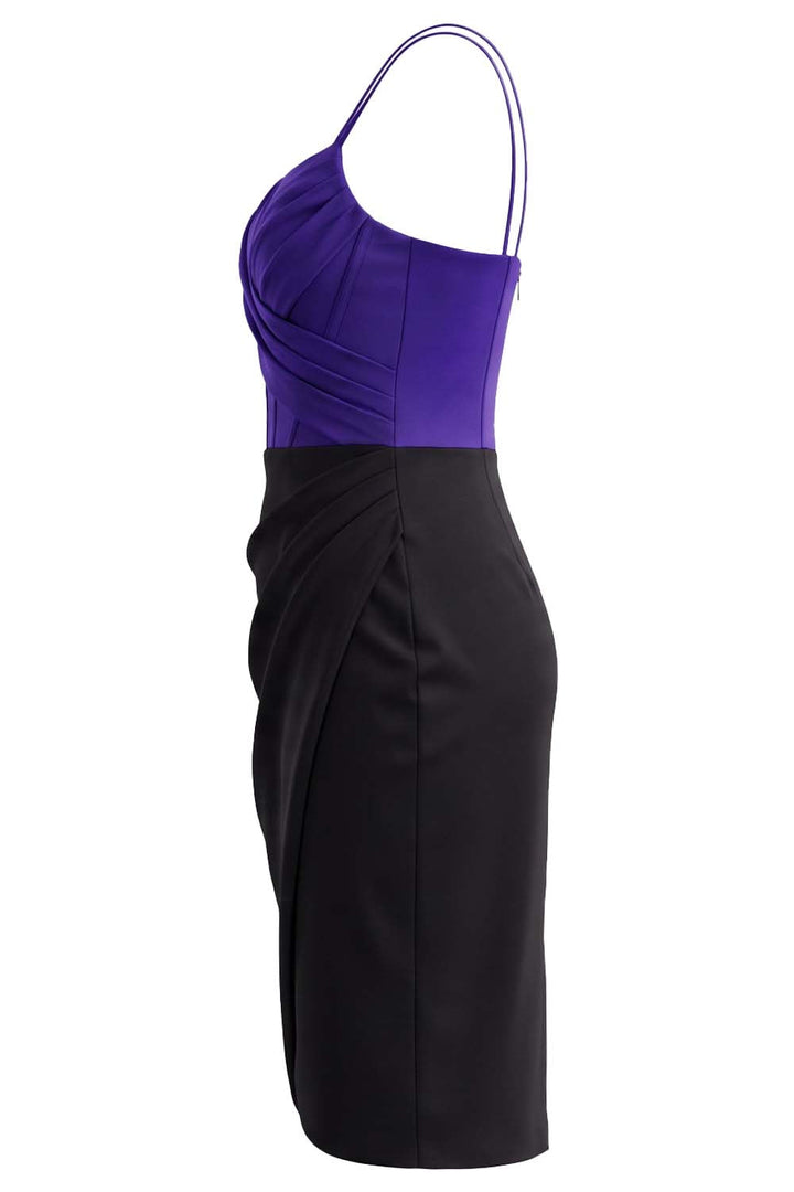 ISOLDE corset evening dress in royal purple and black on model - side view