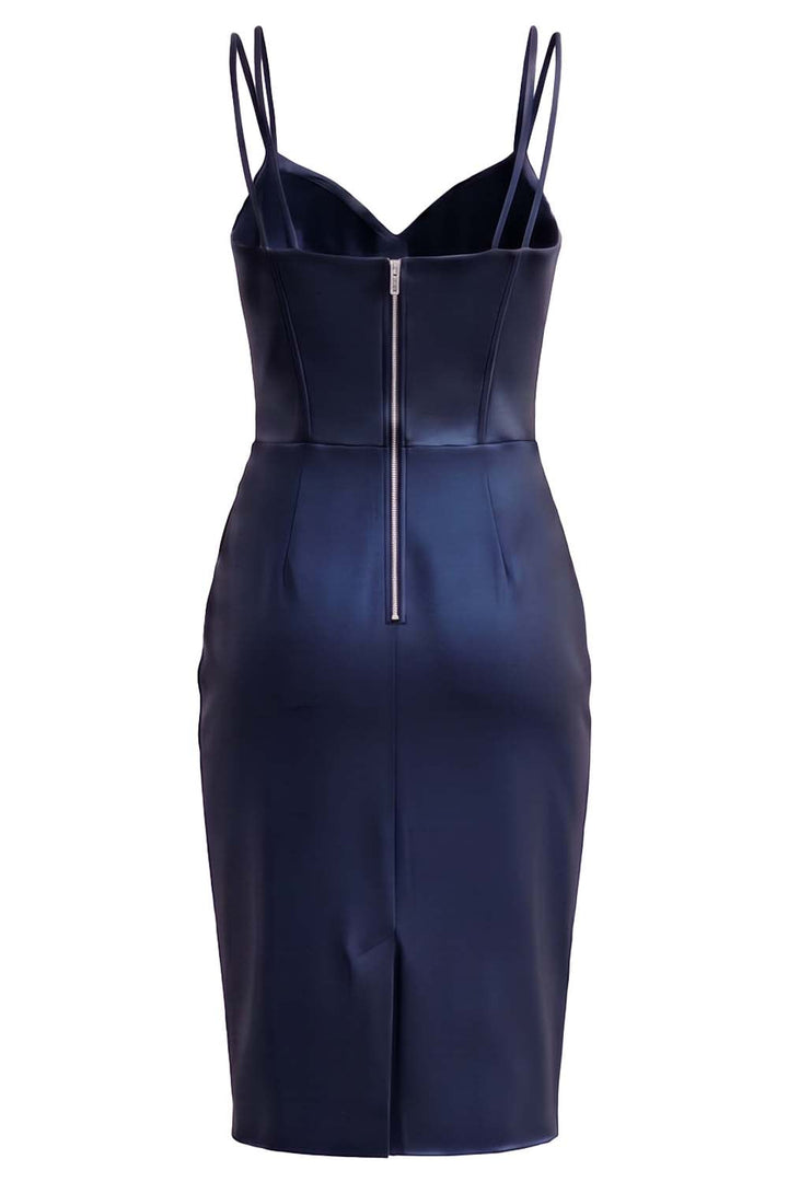 ISOLDE corset evening dress in midnight navy on model - back view