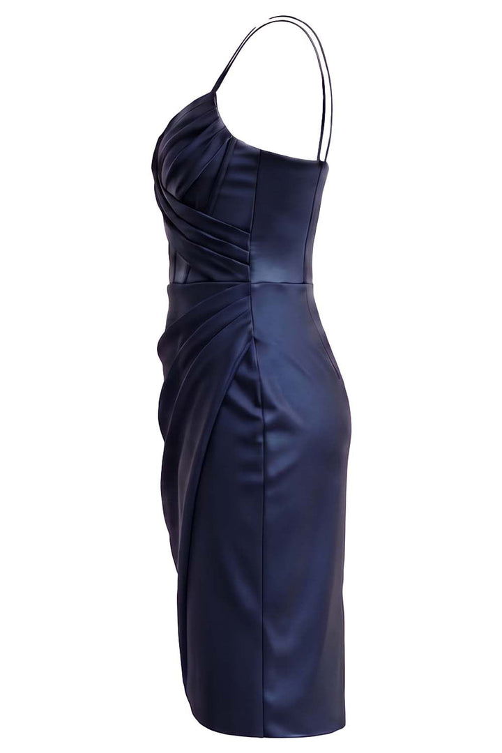 ISOLDE corset evening dress in midnight navy on model - side view