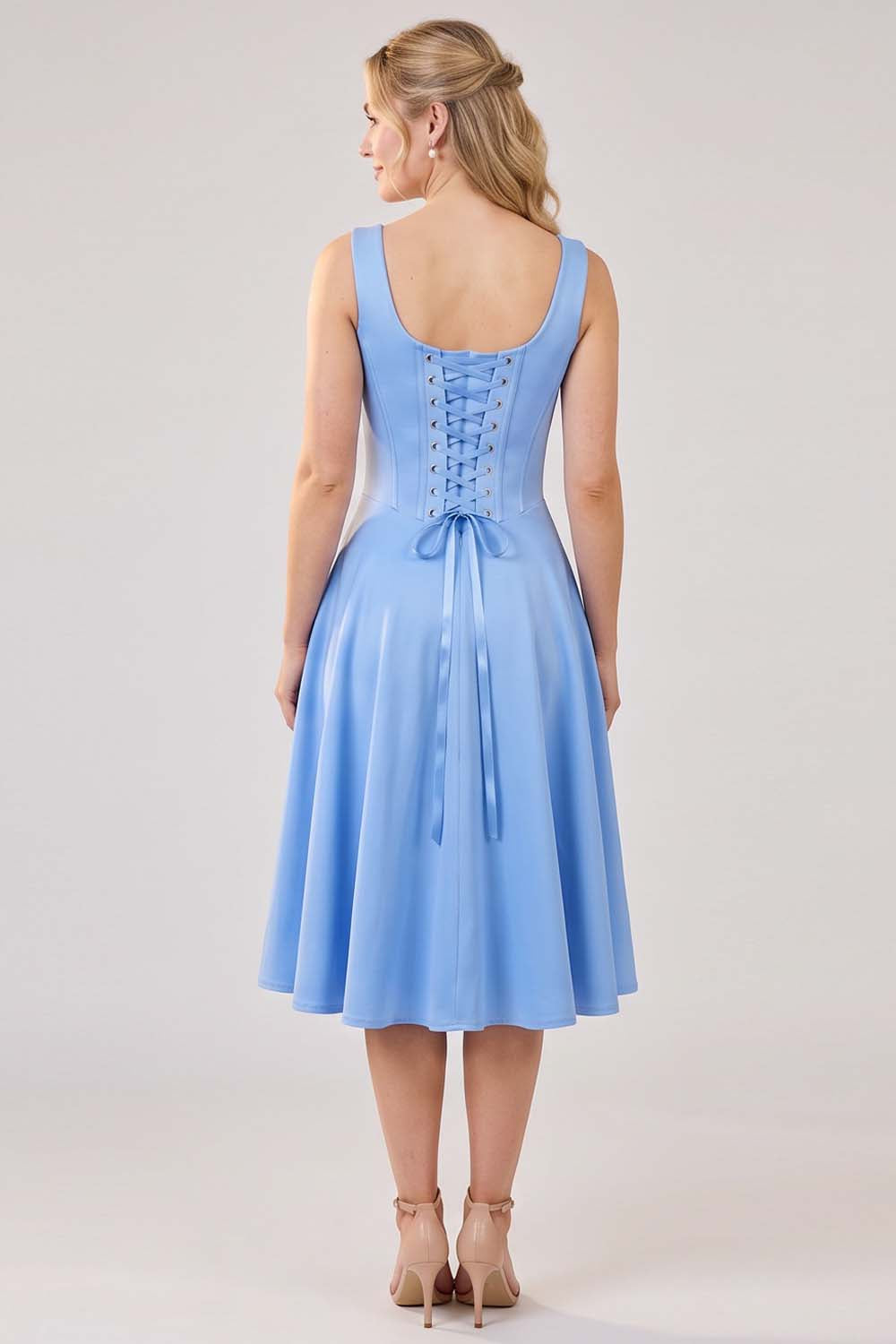 MIRABELLE corset sundress in cornflower blue by Luxe Noir - back view