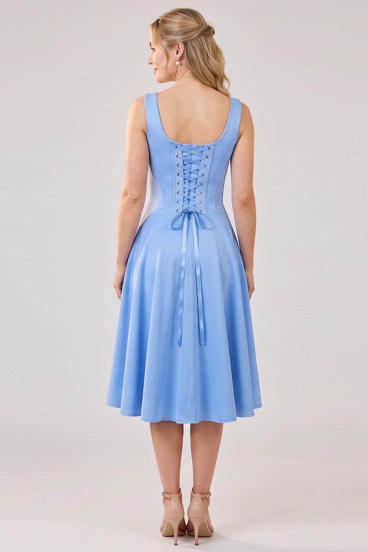 MIRABELLE corset sundress in cornflower blue by Luxe Noir - back view