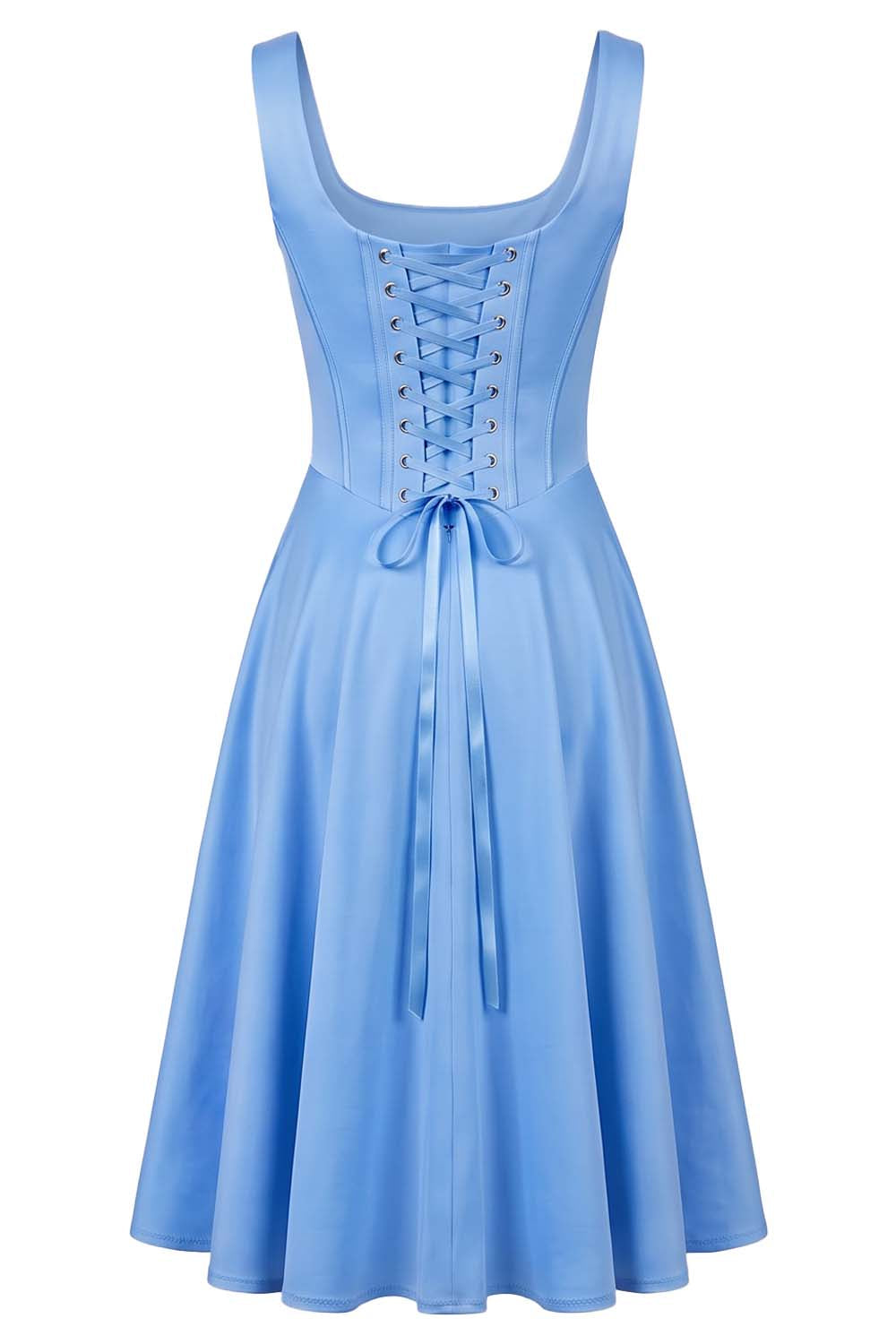 MIRABELLE corset sundress in cornflower blue on model - back view