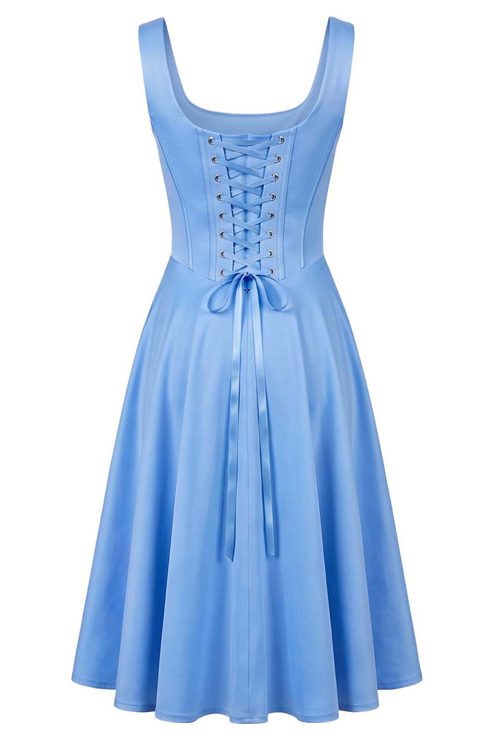MIRABELLE corset sundress in cornflower blue on model - back view