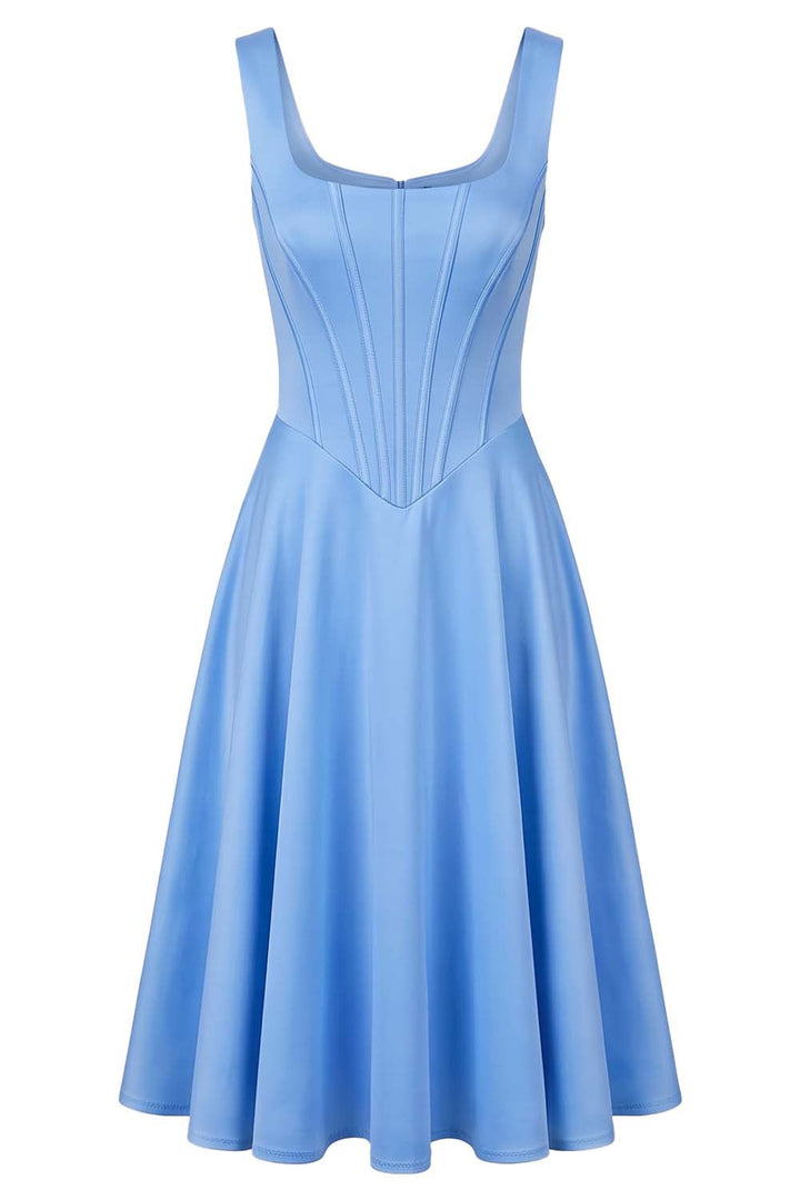 MIRABELLE corset sundress in cornflower blue on model - front view