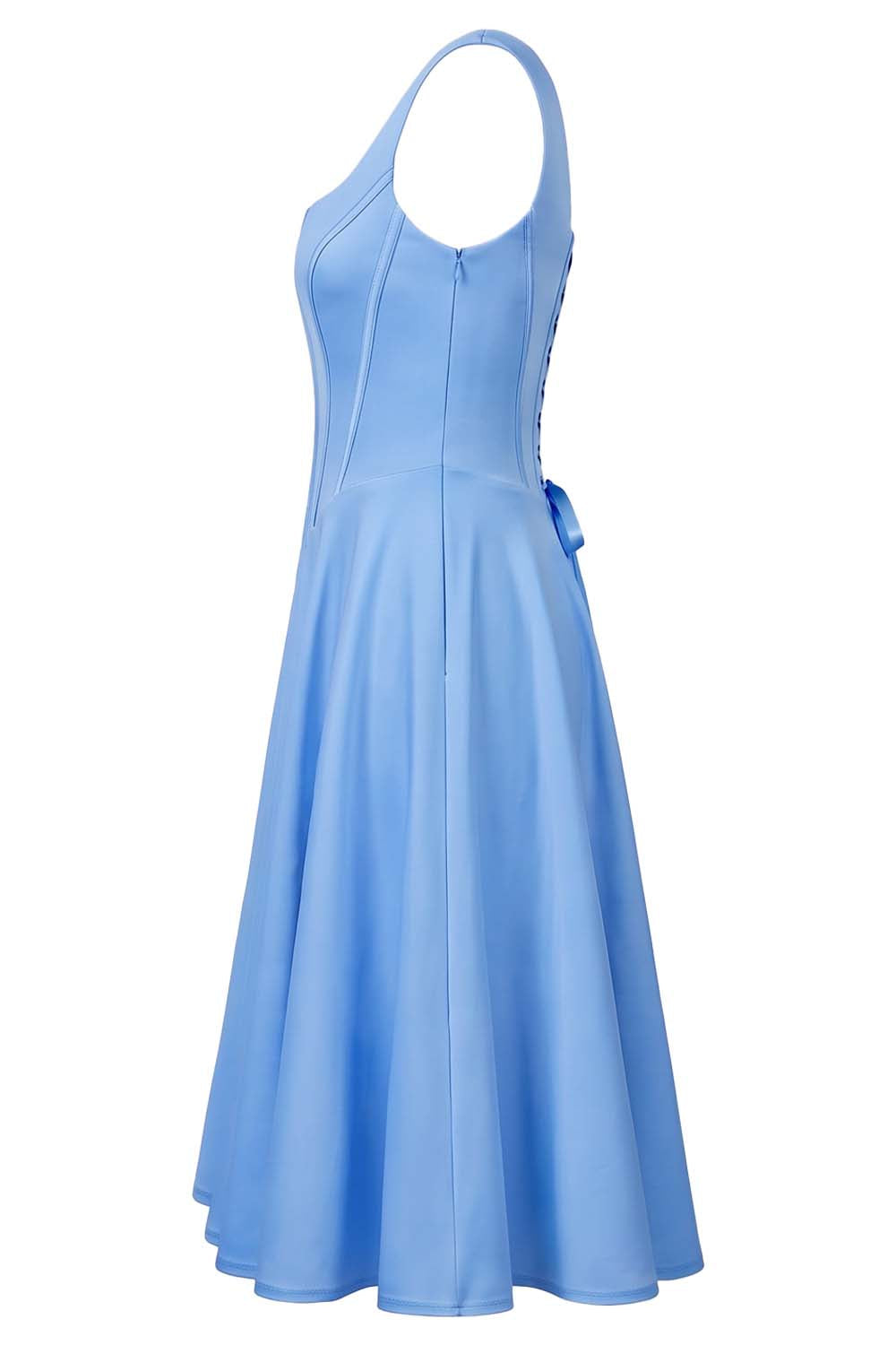 MIRABELLE corset sundress in cornflower blue on model - side view