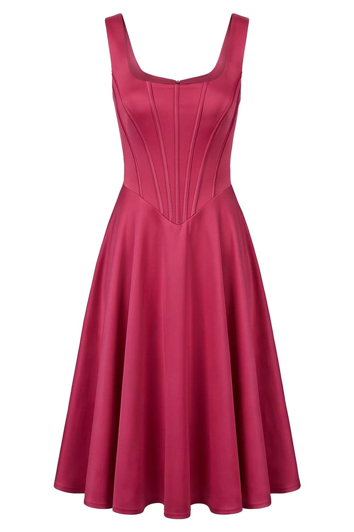 MIRABELLE corset sundress in deep raspberry on model - front view