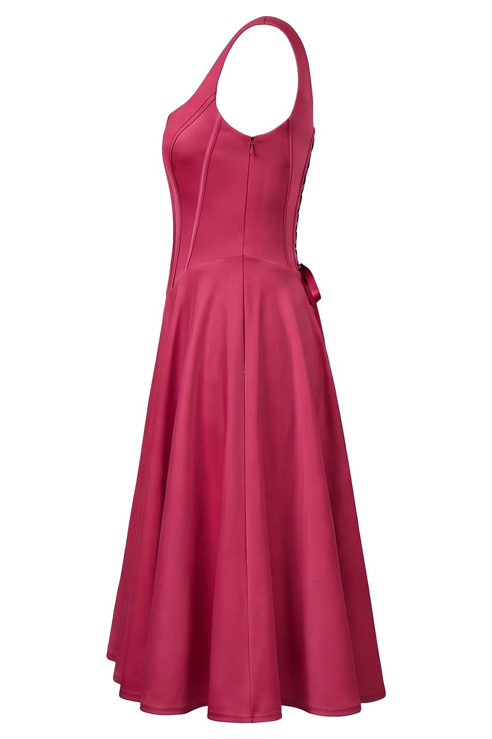 MIRABELLE corset sundress in deep raspberry on model - side view