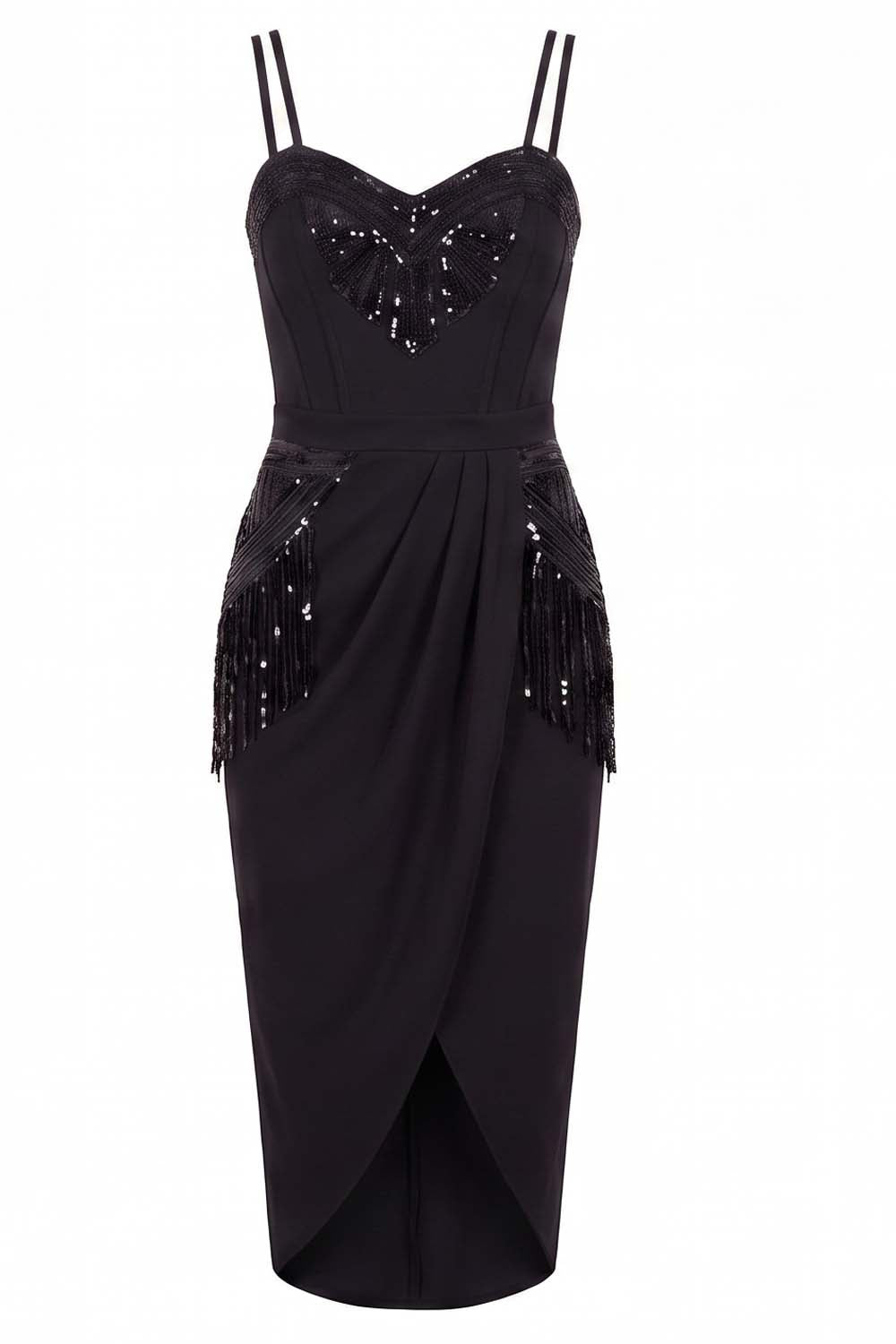 ODESSA Art Deco sequin dress in black on model - front view