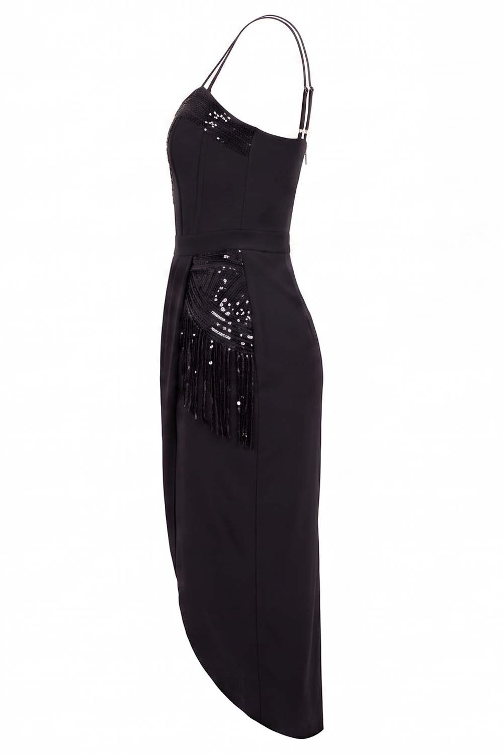 ODESSA Art Deco sequin dress in black on model - side view