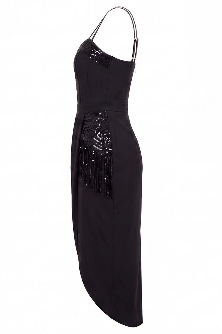 ODESSA Art Deco sequin dress in black on model - side view