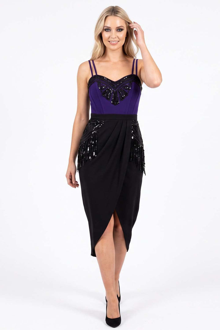 ODESSA Art Deco sequin dress in black and purple by Luxe Noir - front view