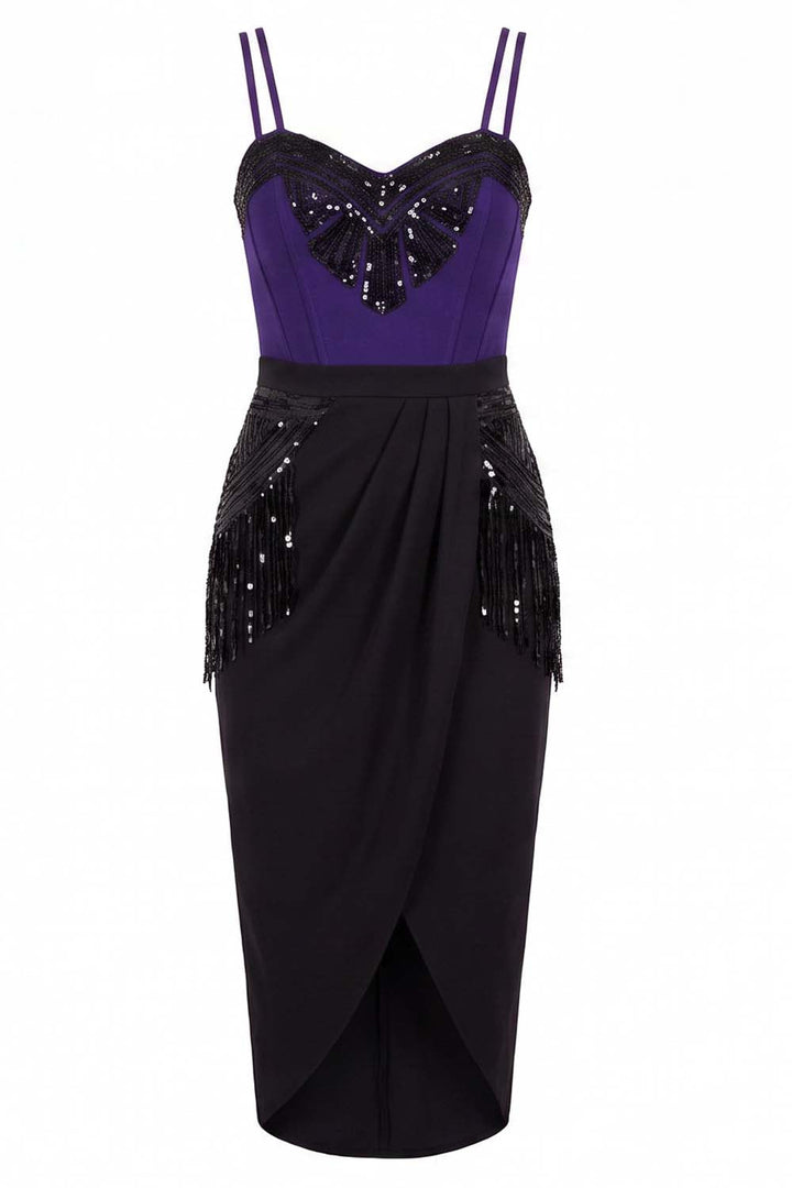 ODESSA Art Deco sequin dress in black and purple on model - front view