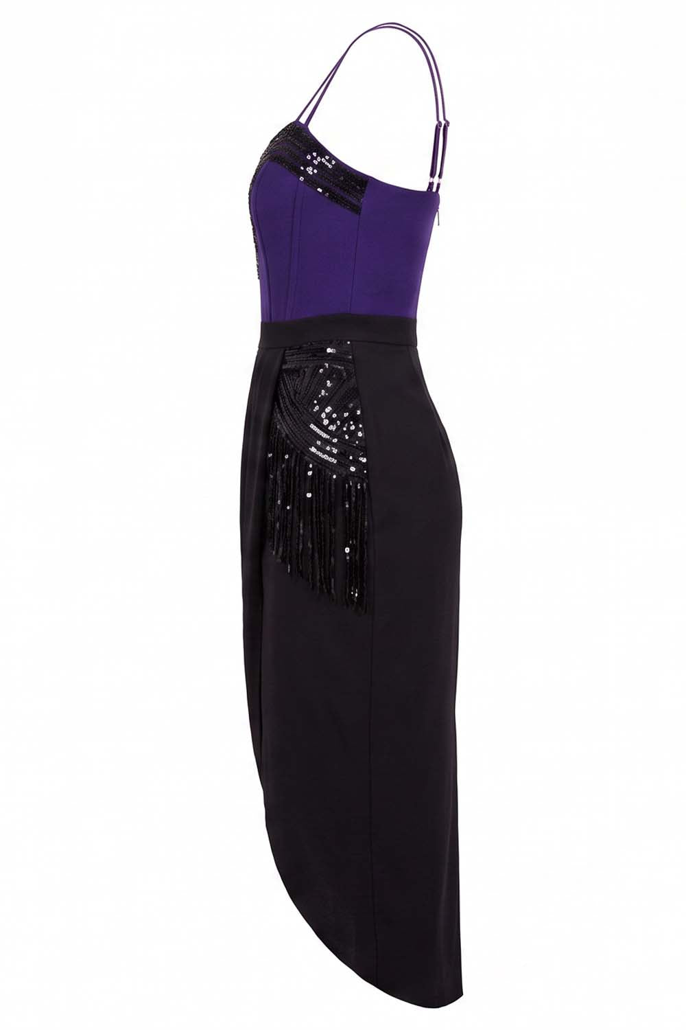 ODESSA Art Deco sequin dress in black and purple on model - side view