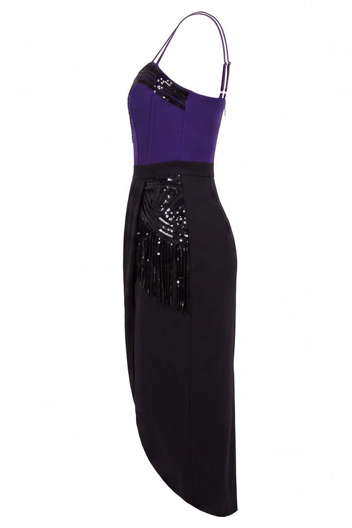 ODESSA Art Deco sequin dress in black and purple on model - side view