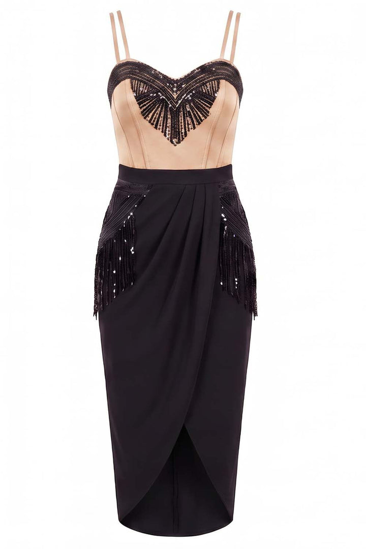 ODESSA Art Deco sequin dress in champagne and black on model - front view