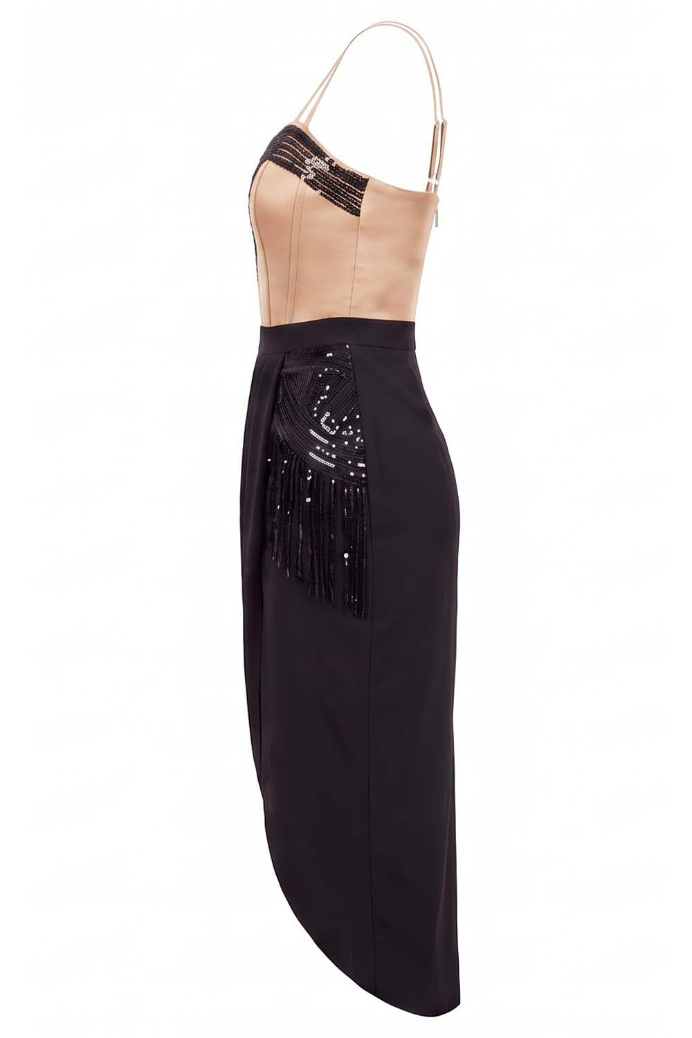 ODESSA Art Deco sequin dress in champagne and black on model - side view