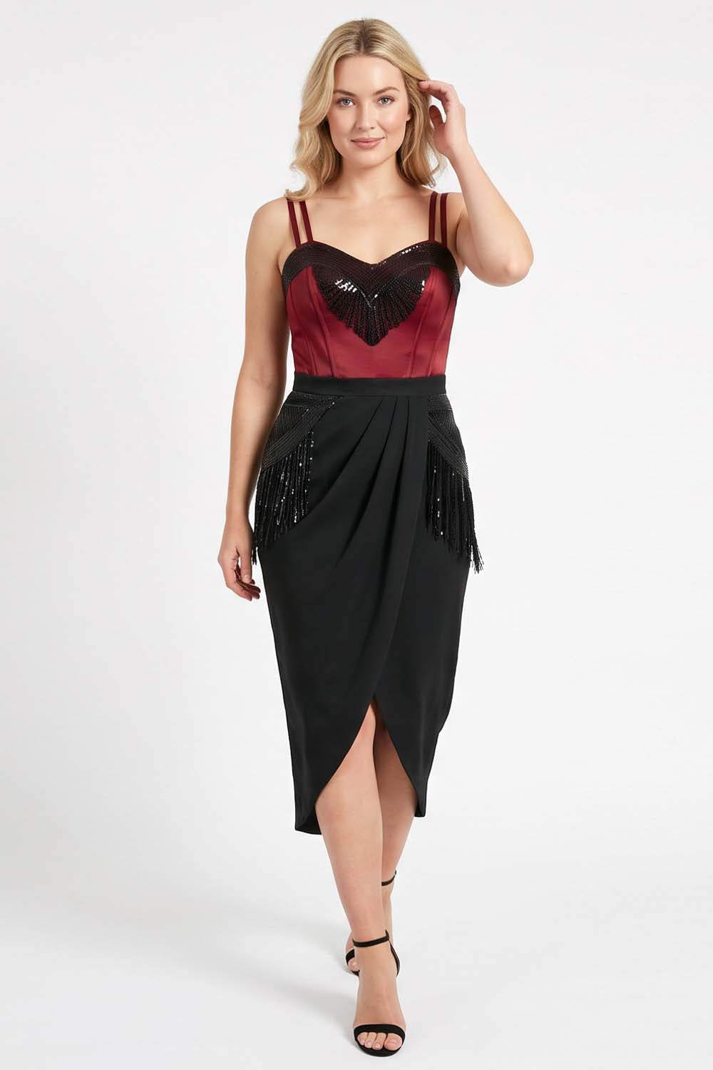 ODESSA Art Deco sequin dress in crimson and black by Luxe Noir - front view