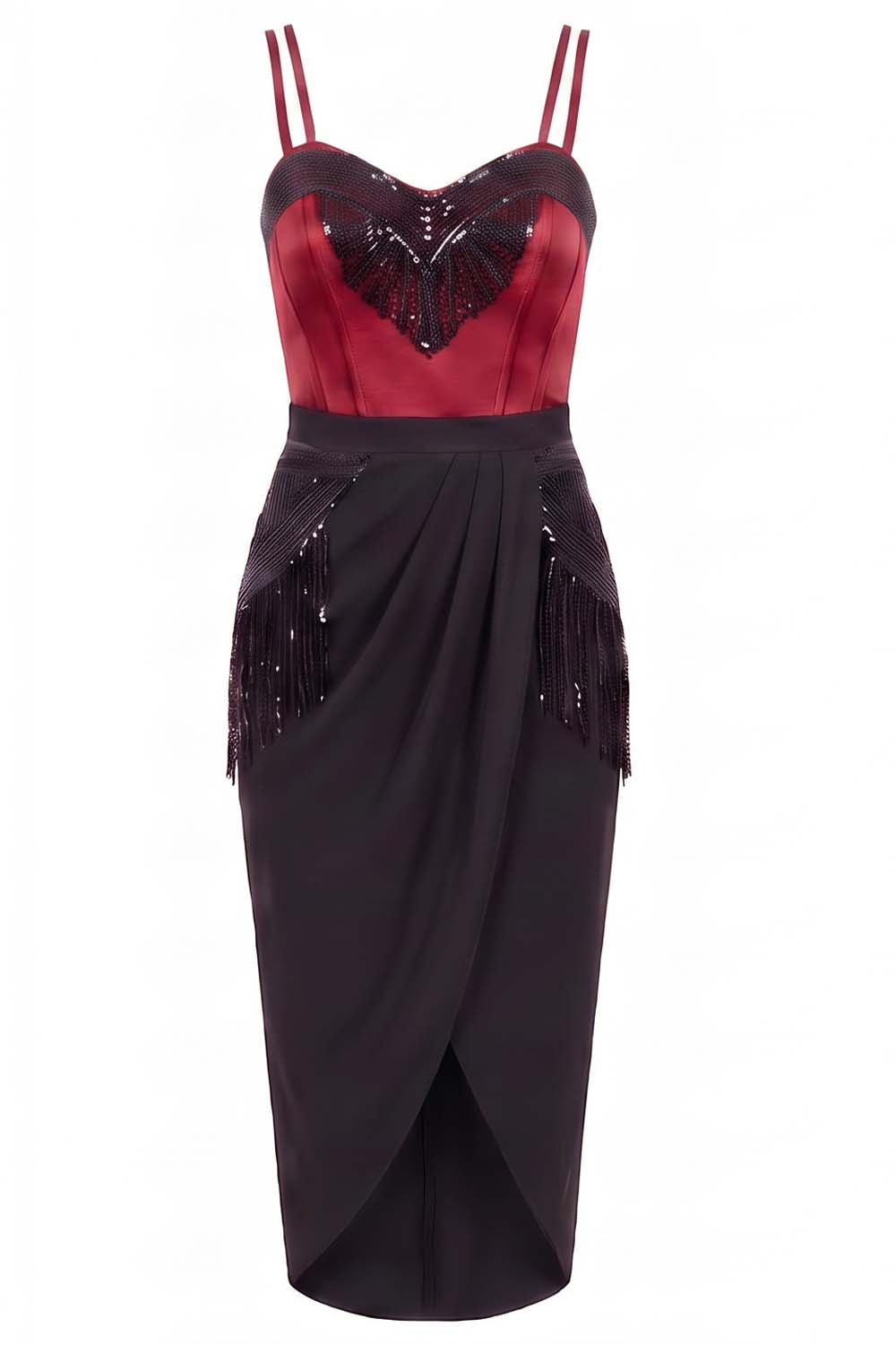 ODESSA Art Deco sequin dress in crimson and black on model - front view