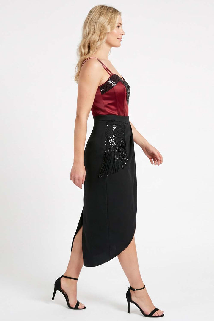ODESSA Art Deco sequin dress in crimson and black by Luxe Noir - side view