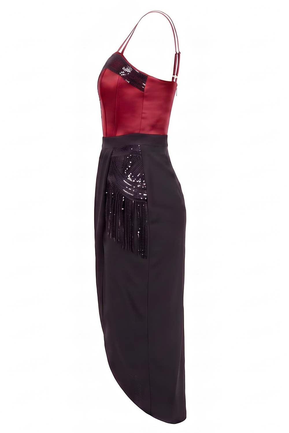 ODESSA Art Deco sequin dress in crimson and black on model - side view