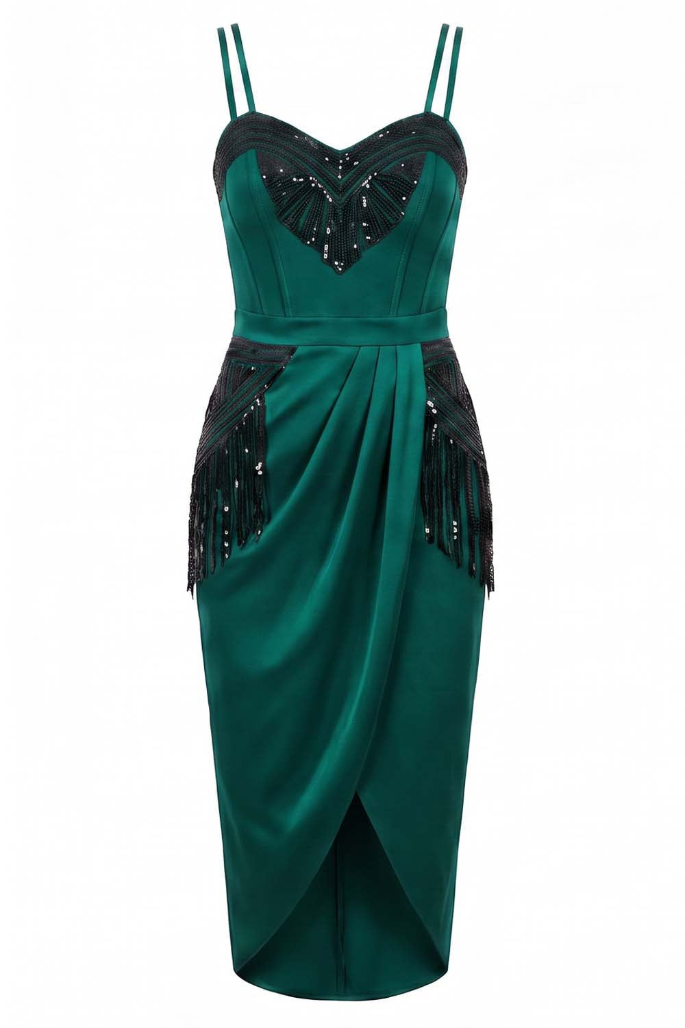 ODESSA Art Deco sequin dress in dark teal green on model - front view