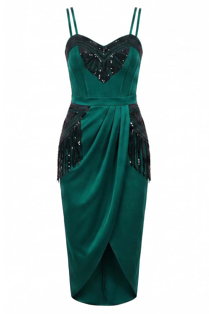 ODESSA Art Deco sequin dress in dark teal green on model - front view