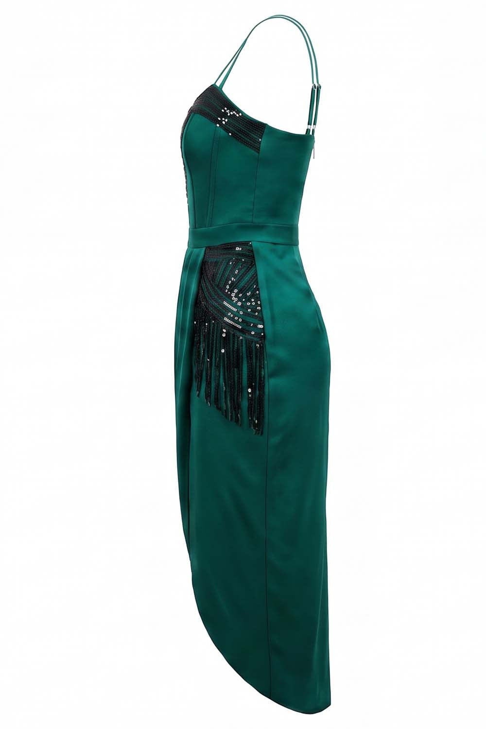 ODESSA Art Deco sequin dress in dark teal green on model - side view