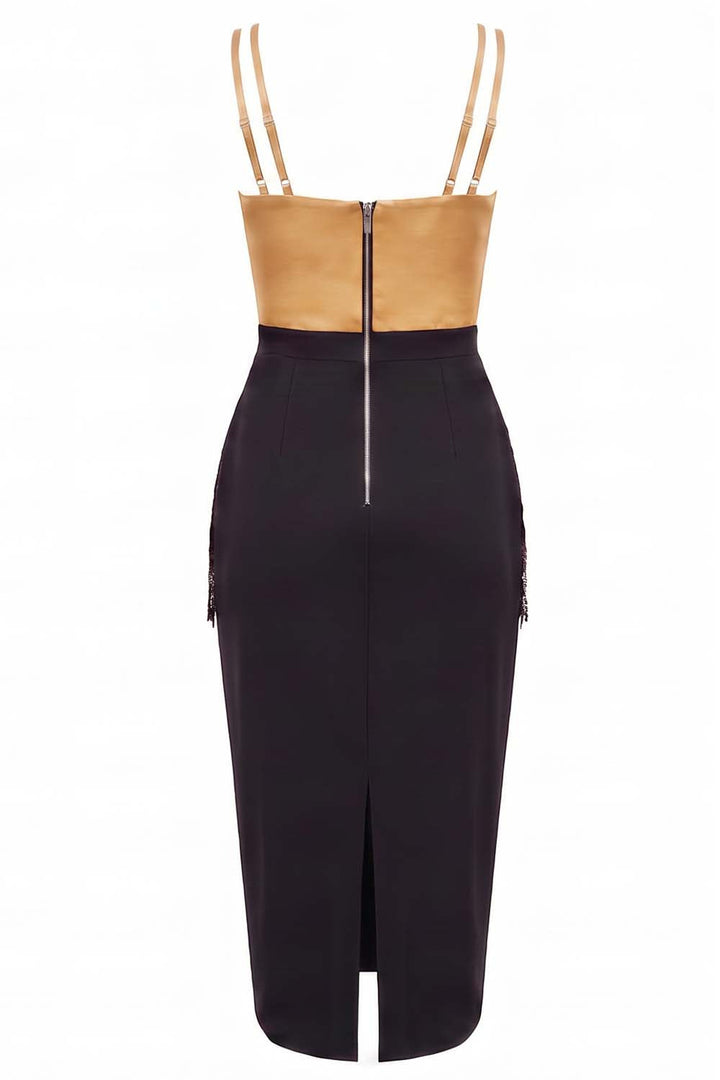 ODESSA Art Deco sequin dress in golden tan and black on model - back view