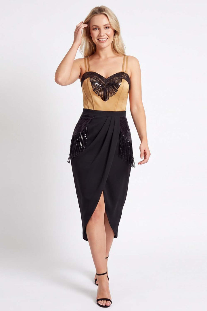 ODESSA Art Deco sequin dress in golden tan and black by Luxe Noir - front view