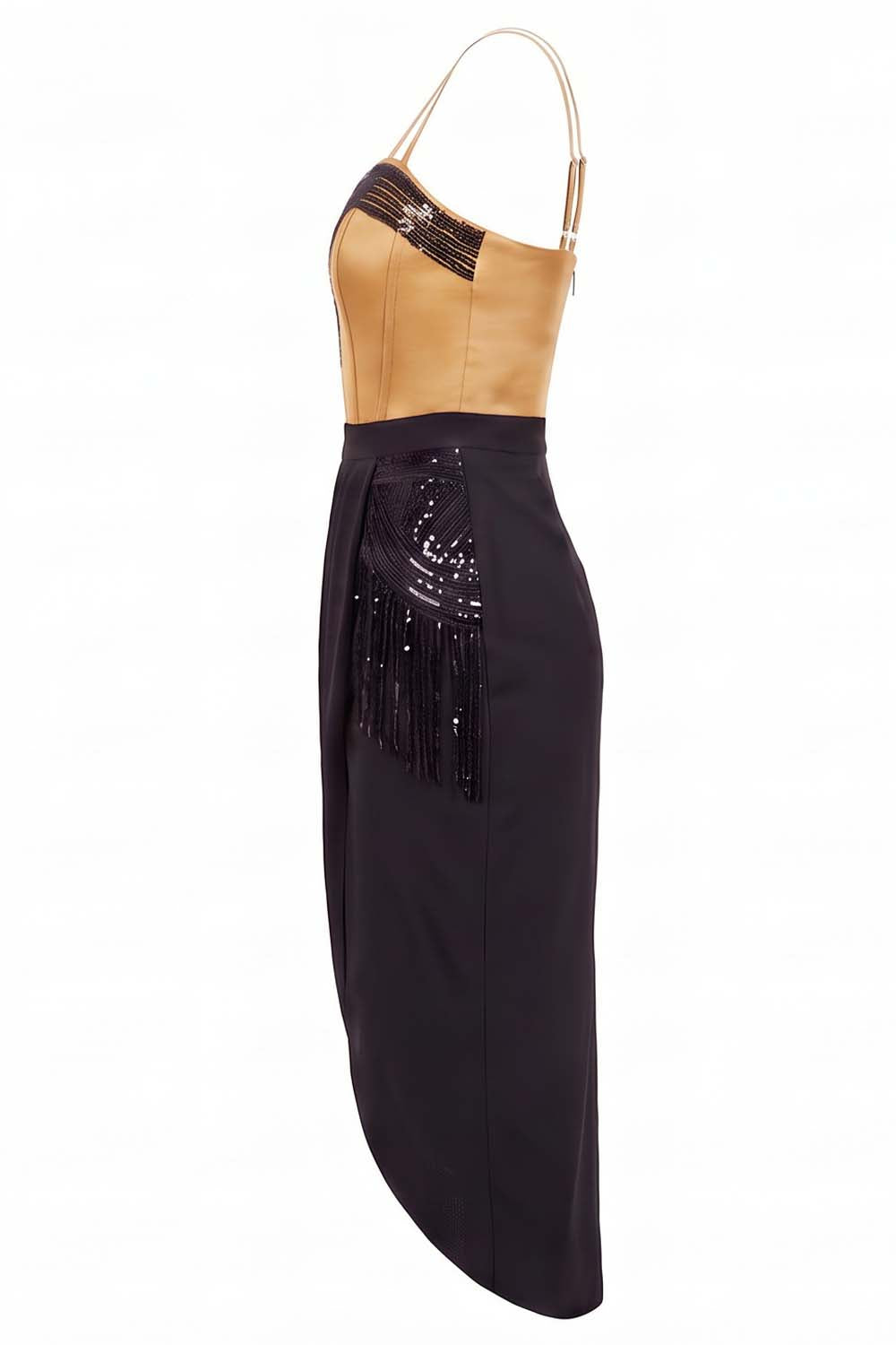 ODESSA Art Deco sequin dress in golden tan and black on model - side view