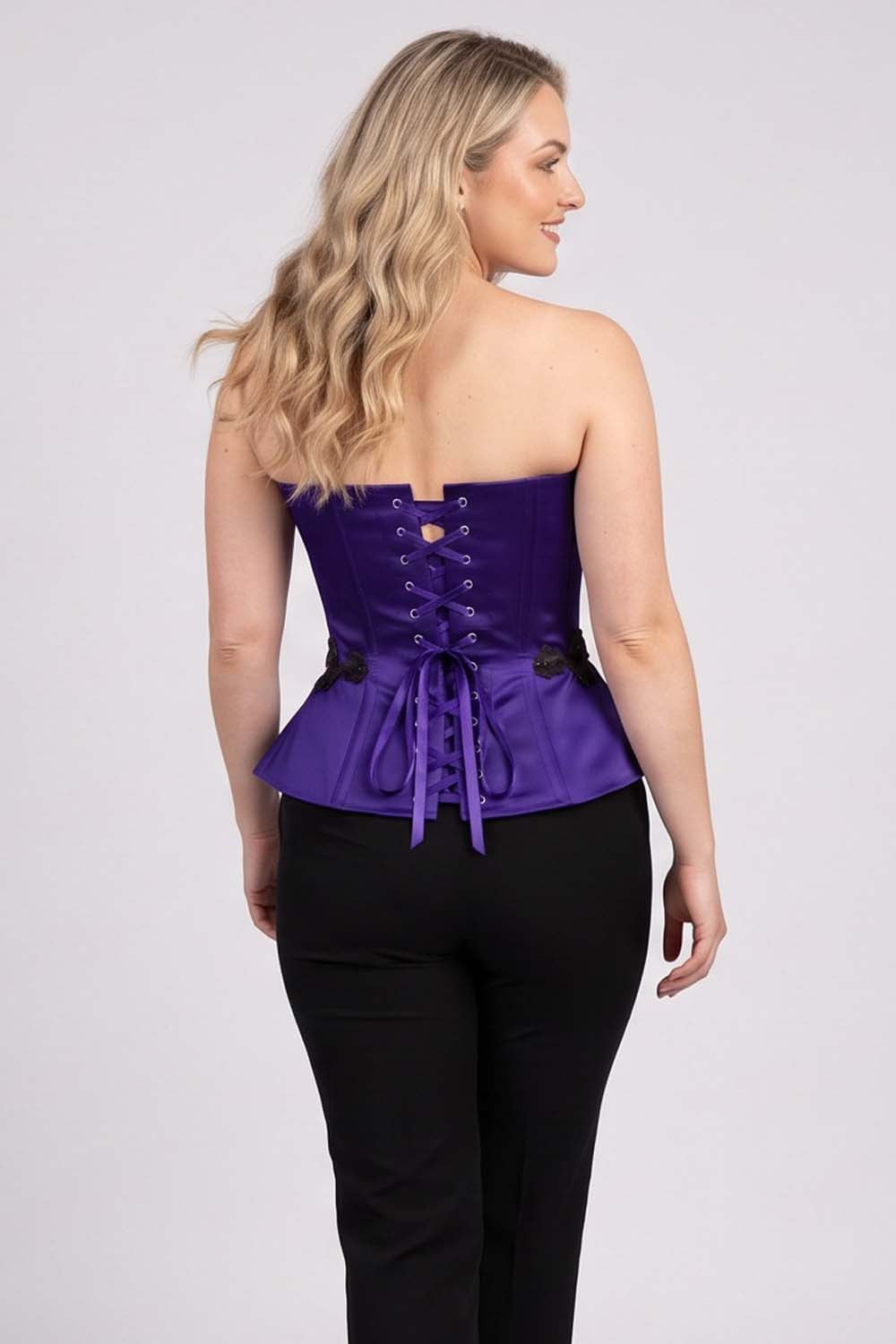 ODETTE Beaded Peplum Overbust Corset in Royal Purple on model – back view
