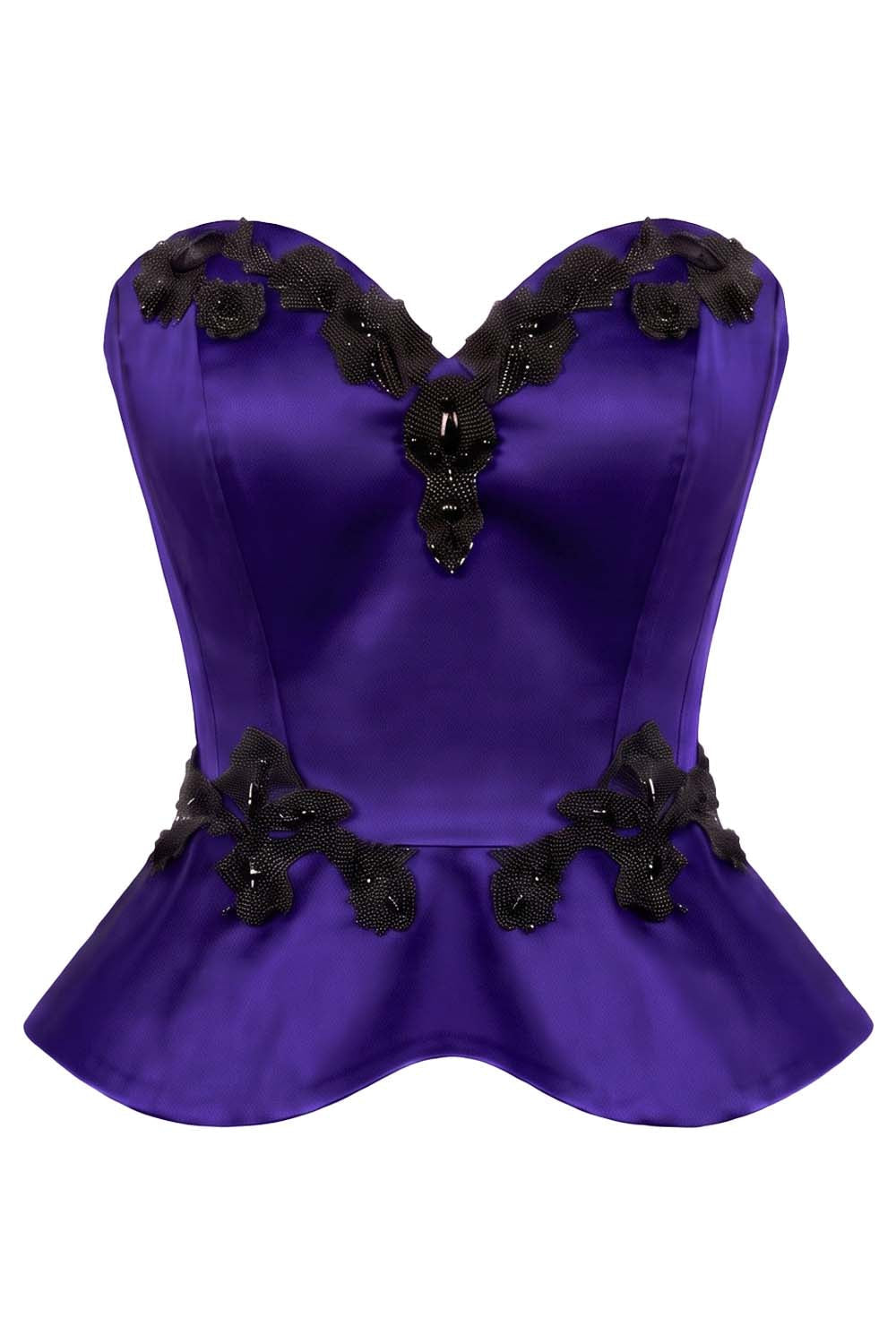 ODETTE Beaded Peplum Overbust Corset in Royal Purple by Luxe Noir – front view