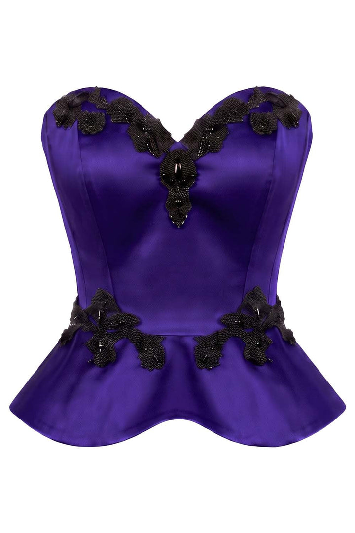 ODETTE Beaded Peplum Overbust Corset in Royal Purple by Luxe Noir – front view