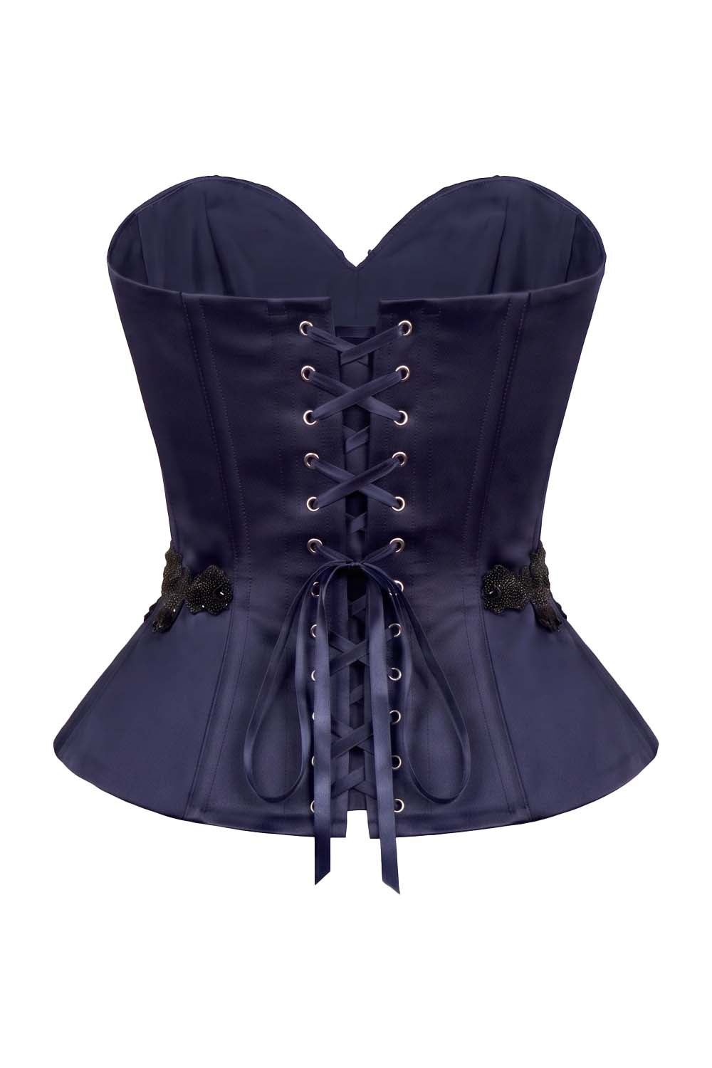 ODETTE Beaded Peplum Overbust Corset in Navy by Luxe Noir – back view