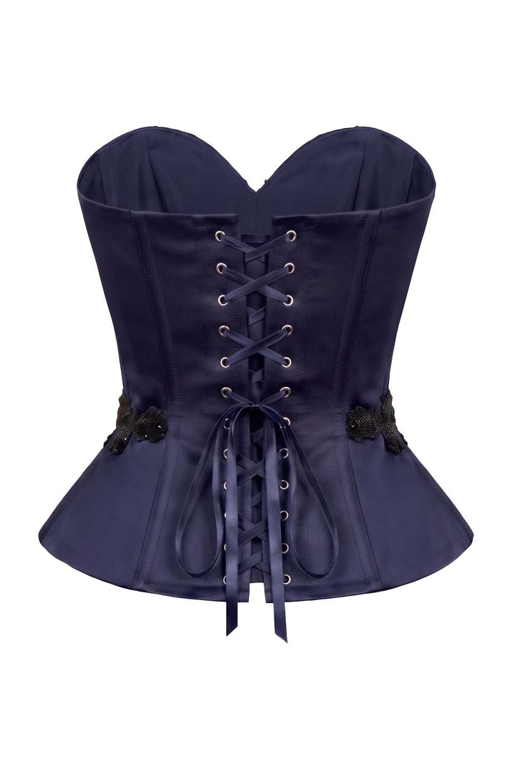 ODETTE Beaded Peplum Overbust Corset in Navy by Luxe Noir – back view