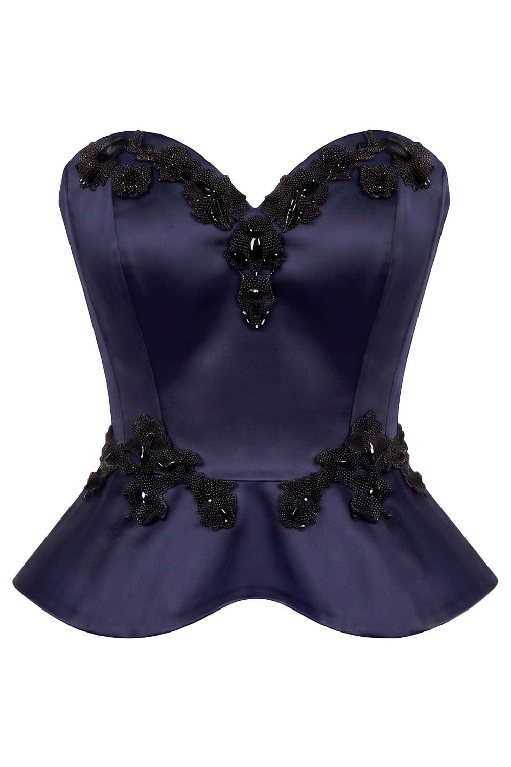 ODETTE Beaded Peplum Overbust Corset in Navy by Luxe Noir – front view